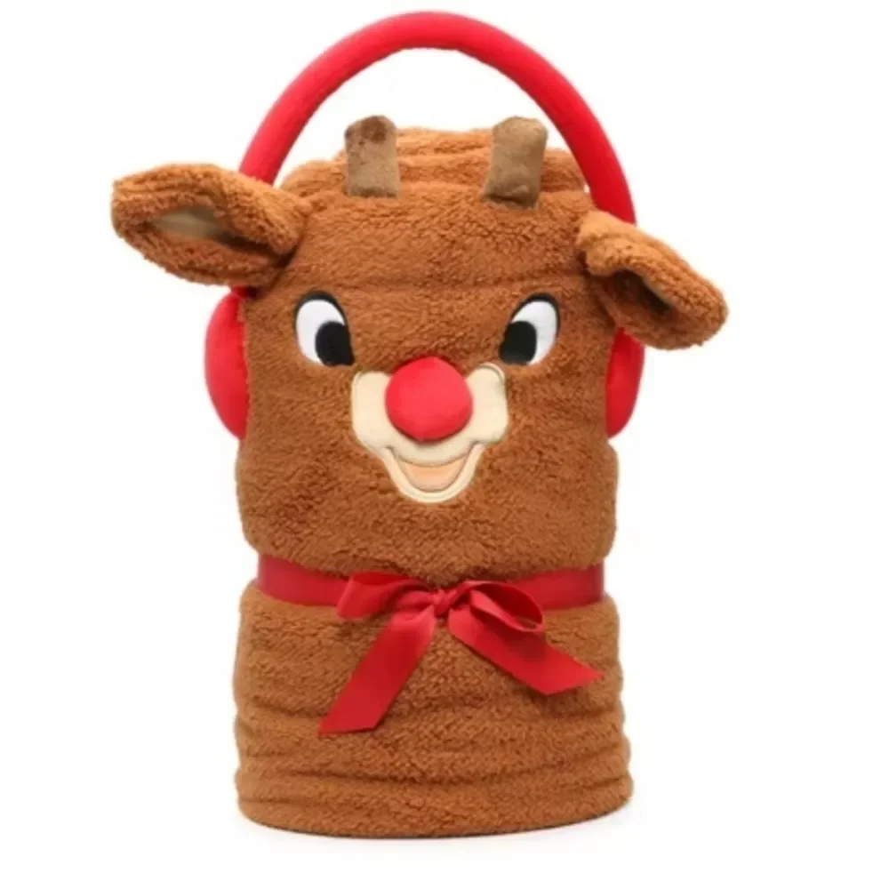 Snowpinions Rudolph the Red Nosed Reindeer Throw Blanket Portable Handle New OOS